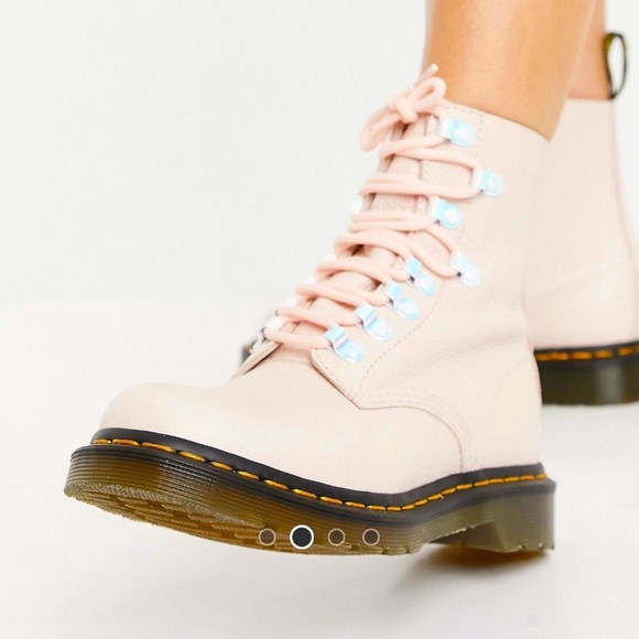 Dr. Martens Shoes - Dr. Martens Pink Combat Boots with Iridescent Hardware